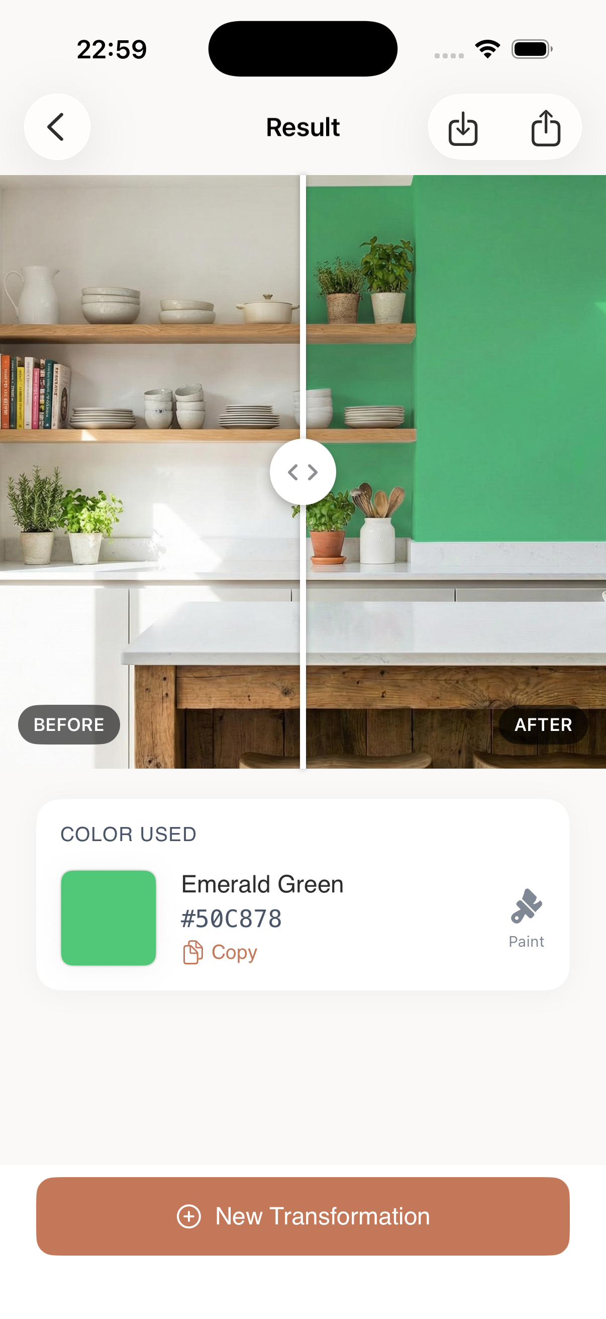 Muro app showing before and after wall color transformation