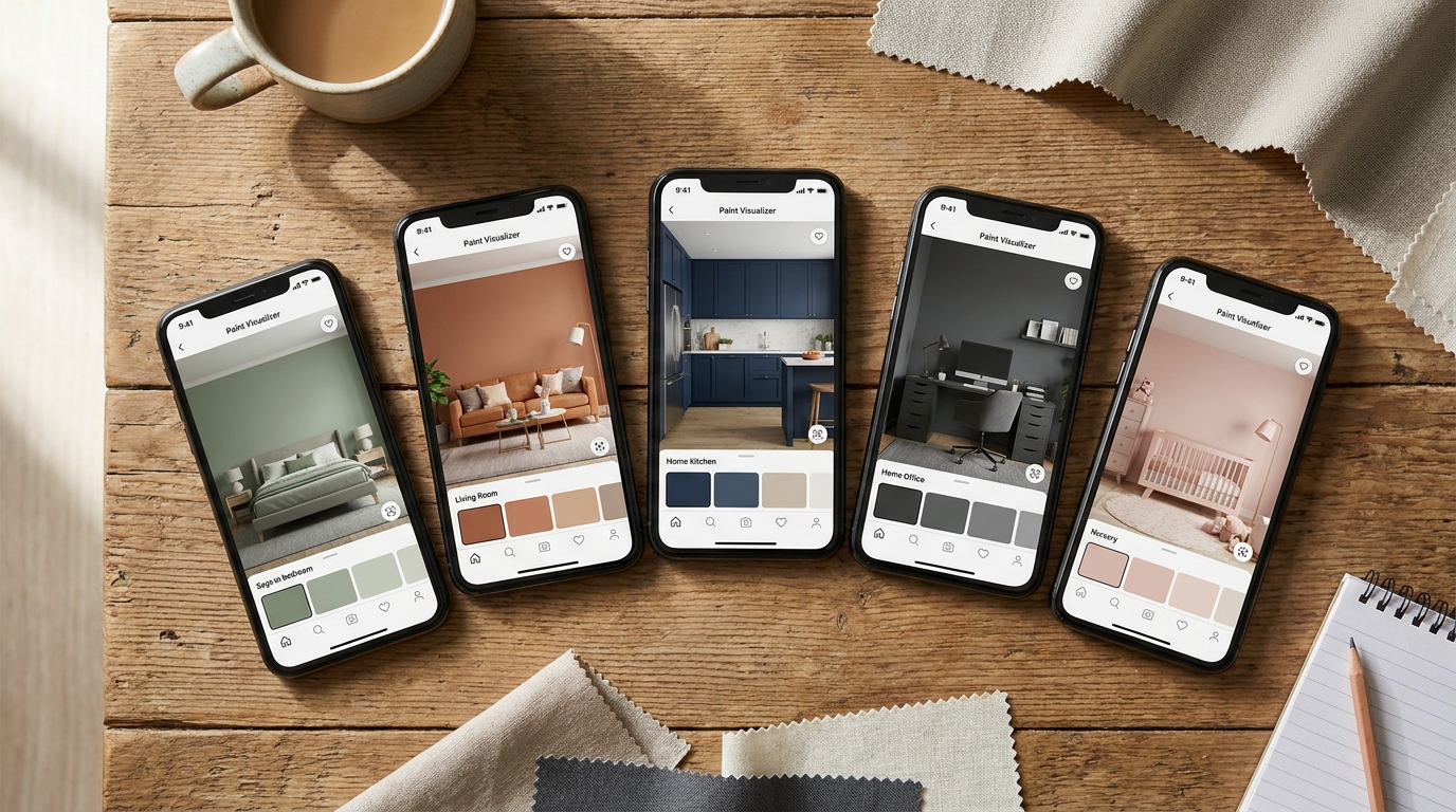 Multiple phone screens showing different paint visualizer apps side by side on a wooden table