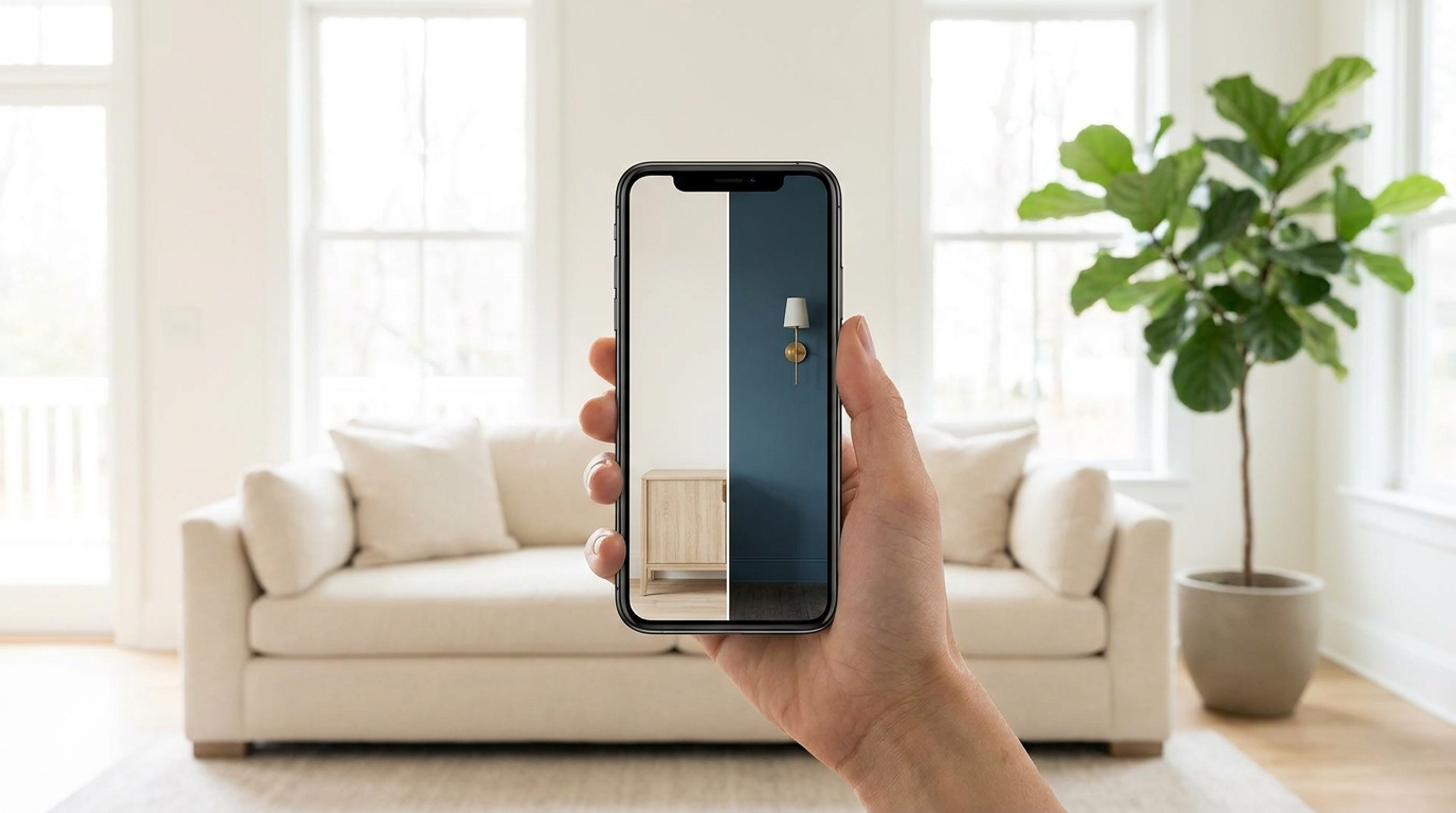 Paint color visualization app showing before and after wall transformation