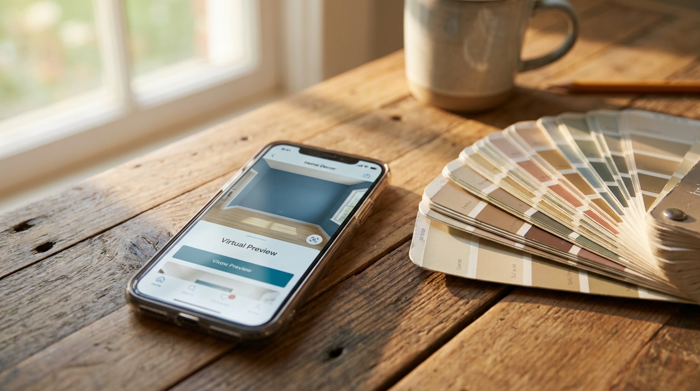 Phone showing paint color visualization app next to physical paint swatches