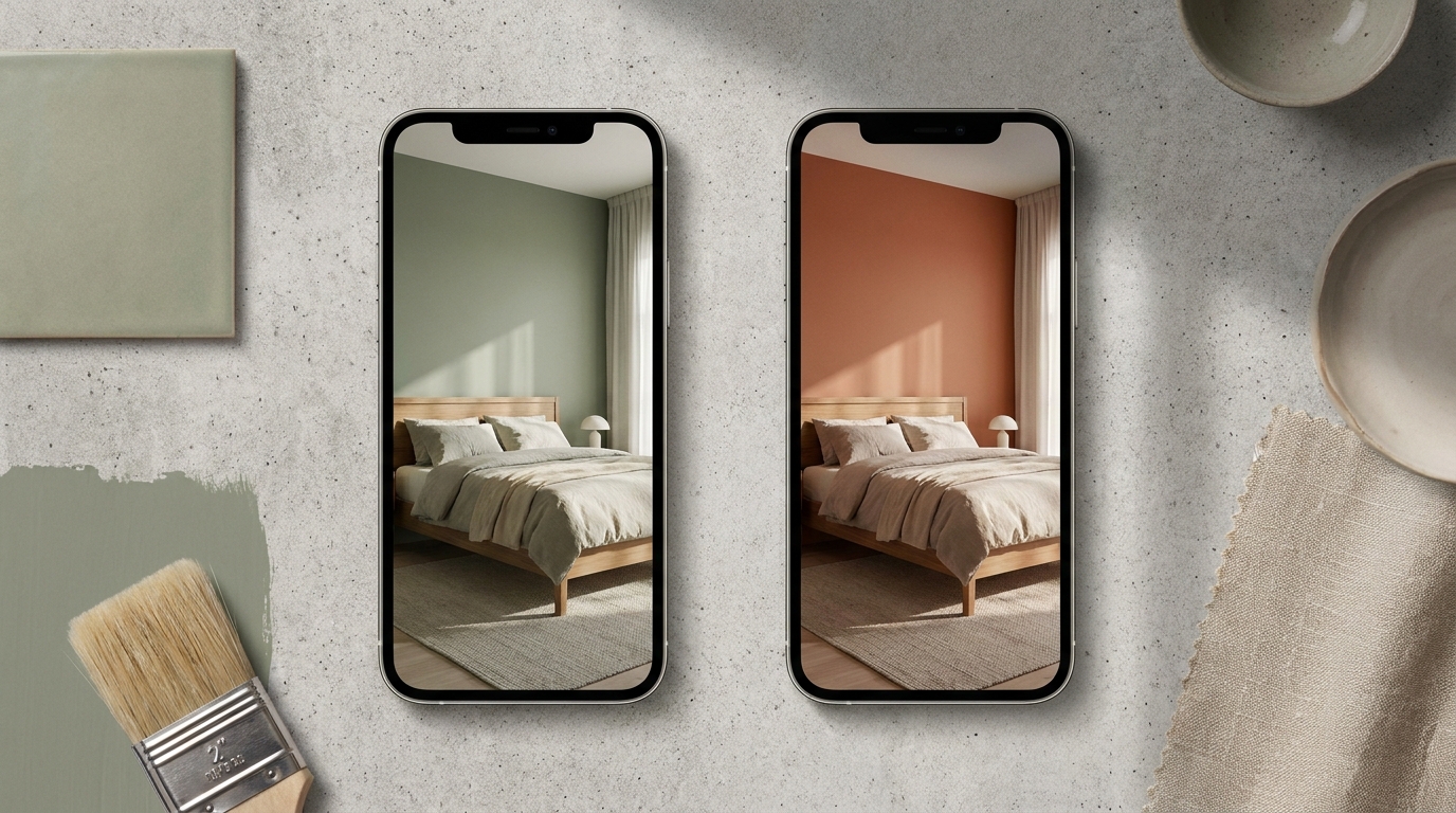 Split screen comparing two paint visualizer apps showing the same room in different colors